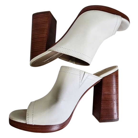 FRYE Cream Block Heel Clog Mules with Peep-Toe - 8M - Picture 5 of 10